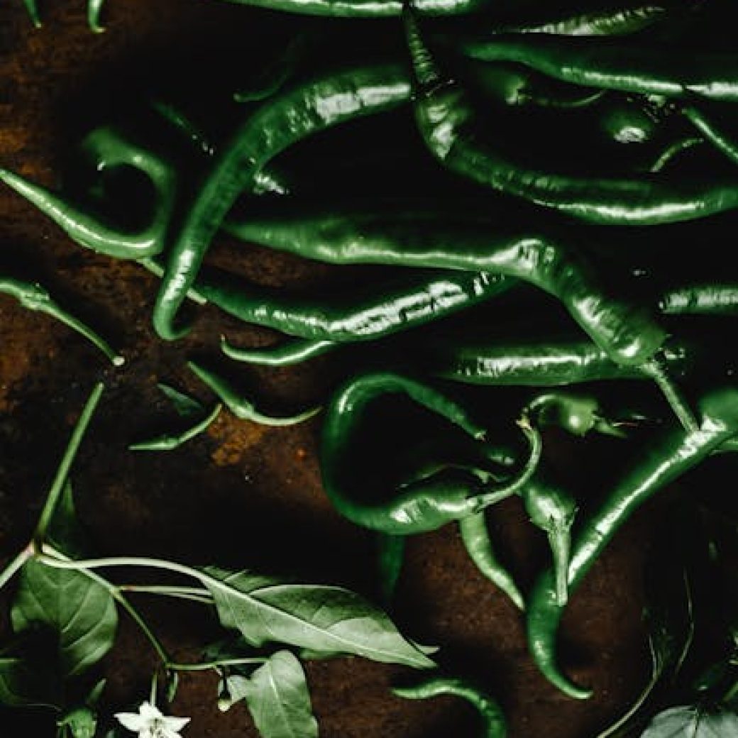 Green chili peppers laid out on a rustic surface with accompanying leaves and blossoms.